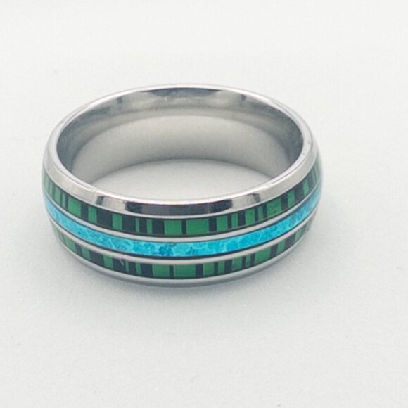 Stainless Steel Ring with Green and Blue Inlay - Picture 8 of 17